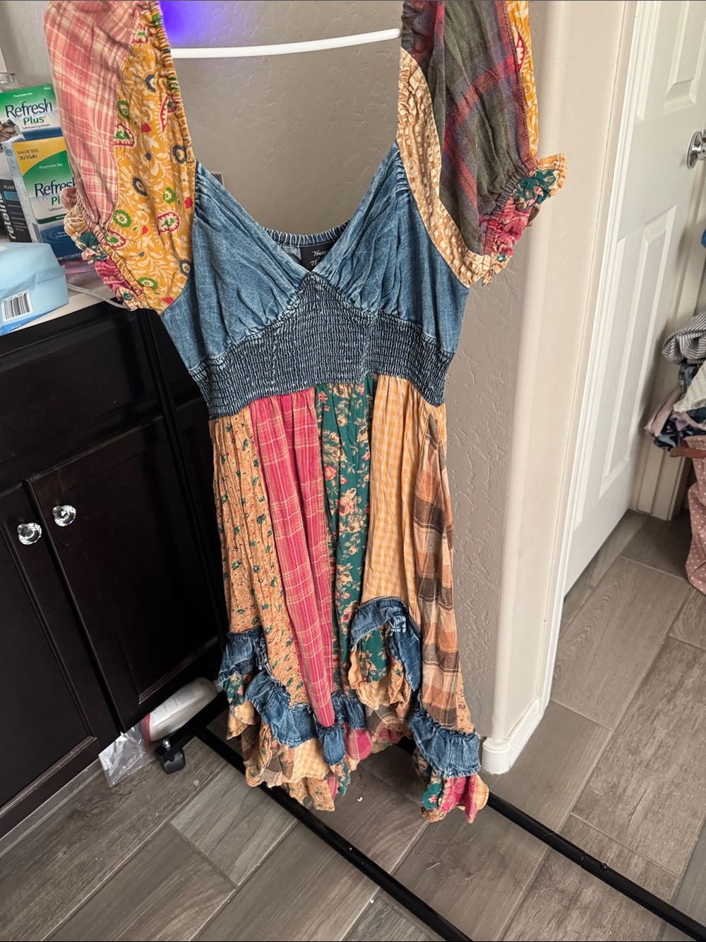 Patchwork Boho Midi Dress with Denim Bodice - Multicolor